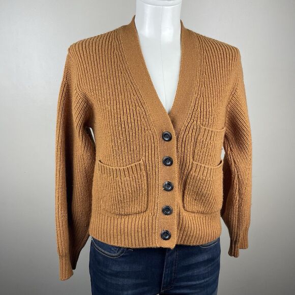 Sea NY Cardigan Women XS Brown Balloon Sleeve Wool Blend Luxury Preppy Flaw - Picture 1 of 10